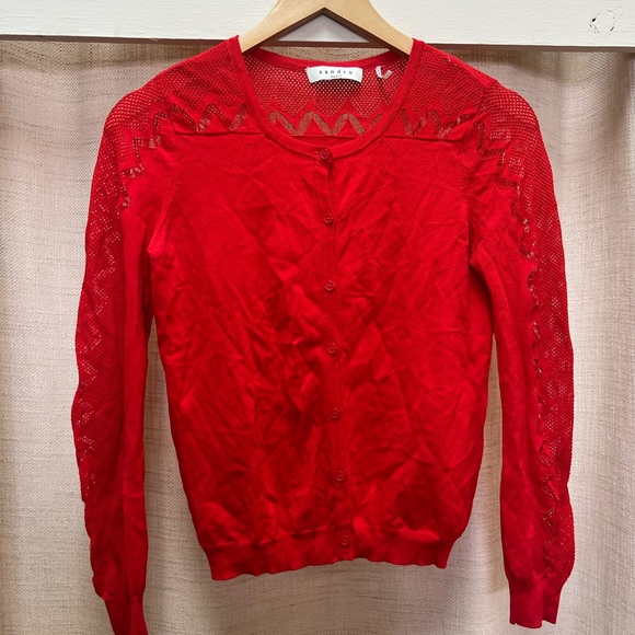 Sandro Paris Cardigan Red Cutout Accent Long Sleeve with Scoop Neck Size 1 Small - Picture 4 of 12